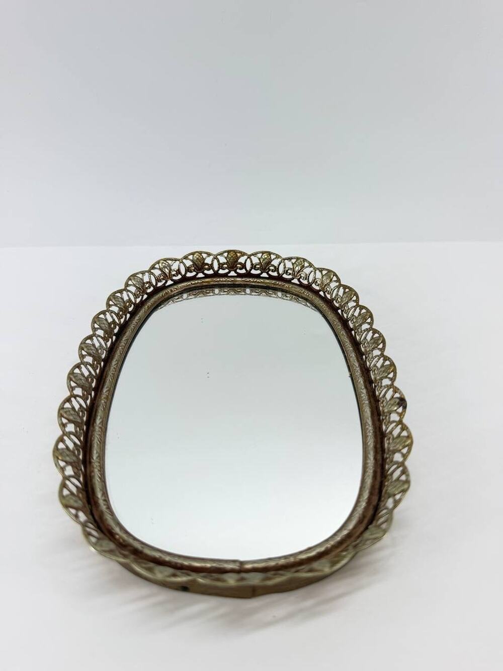 Vintage Oval Wall Mirror Ornate Gold Tone Filigree Metal Frame Vanity Decor